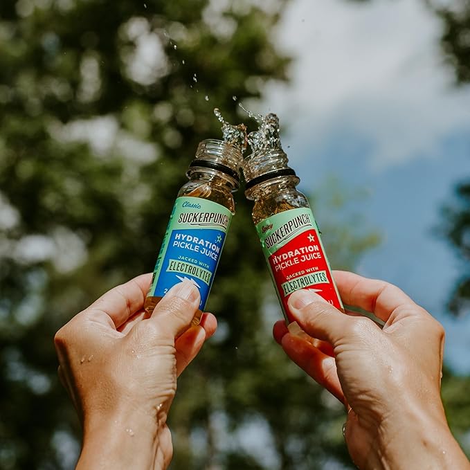 Suckerpunch Electrolyte Pickle Juice Shot Leg and Muscle Cramp Relief Sports Drink Low Calorie Gluten Free Post Workout Hydration Potassium Keto Friendly Non GMO Spicy Dill 2oz 12ct