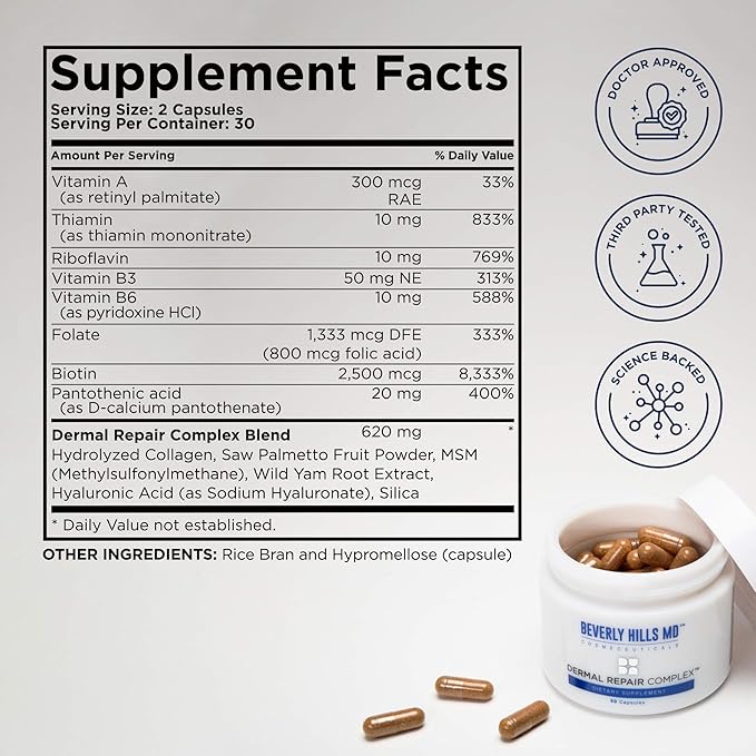 Beverly Hills MD Dermal Repair Anti-Aging Supplement - Hyaluronic Acid Collagen Vitamins for Smooth Plump Skin