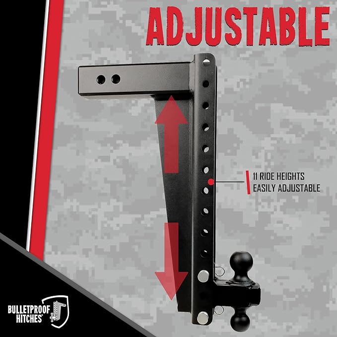 BulletProof Hitches - 3.0 Adjustable Heavy Duty Trailer Hitch (22000 lb. Rating) - 20 Drop/Rise Trailer Hitch with 2 &amp 2-5/16 Dual Ball - Powder Coat Solid Steel Corrosion-Resistant