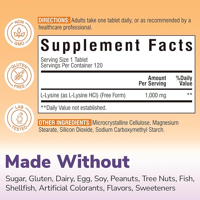 L-Lysine 1000 mg Tablets + Bovine Collagen Peptides Powder Bundle Essential Amino Acid &amp Hydrolyzed Collagen Protein Skin &amp Immune Support 120 Tablets + 8oz