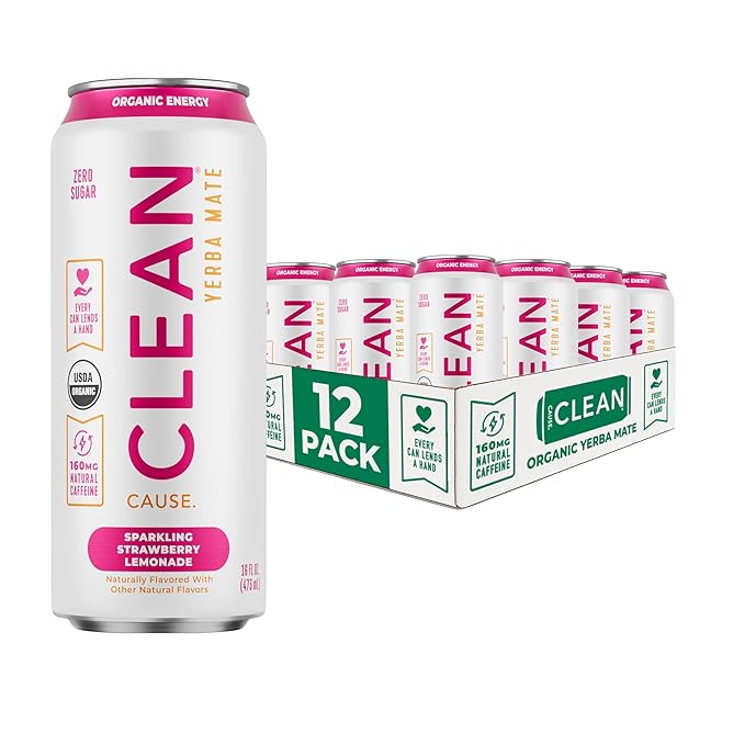 NEW CLEAN Cause Zero Sugar Strawberry Lemonade Yerba Mate Tea Sparkling USDA Organic Energy Drink Alternative Zero Calorie 160mg Natural Caffeine Soda Alternative (16oz cans 12-Pack Case)