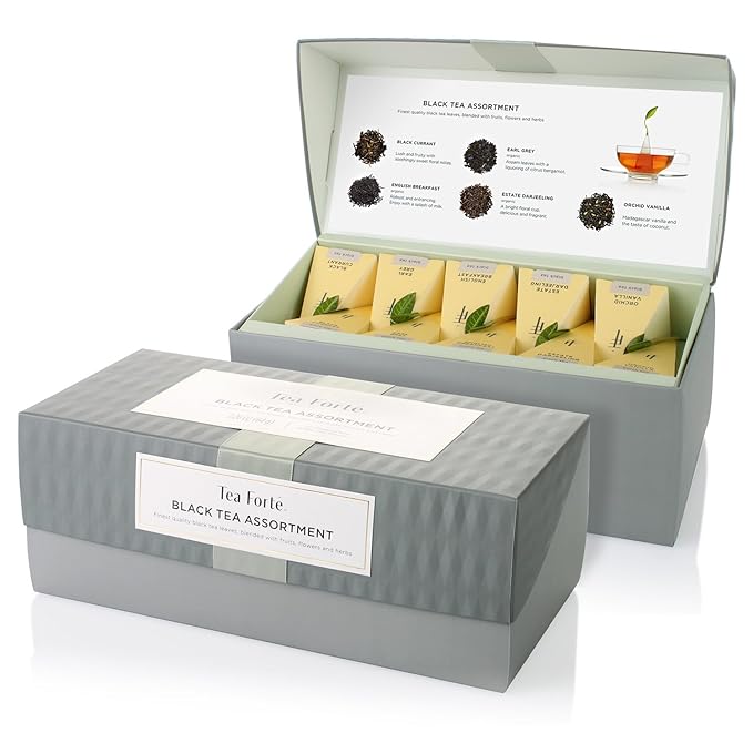 Tea Forte Premium Presentation Box Gift Set Sampler 20 Count Assorted Blends Individually Wrapped Handcrafted Pyramid Infuser Bags Black Tea