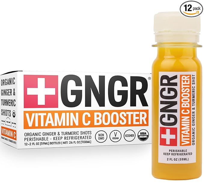 +GNGR Vitamin C - Cold-Pressed Ginger Shot with Turmeric Cayenne &amp Acerola Peruvian Ginger Juice 2 fl oz (Pack of 12)