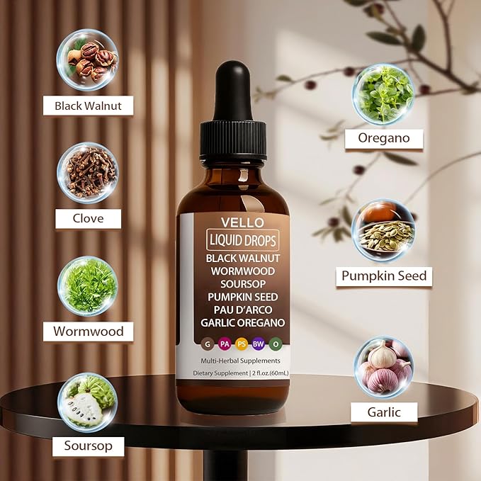 Vello Black Walnut Wormwood Gut Cleanse Wormwood Black Walnut Clove Drops with Garlic Oregano Soursop Pau D'arco Pumpkin Seed Extracts Support Gut &amp Digestion Balance Improve Energy (2)