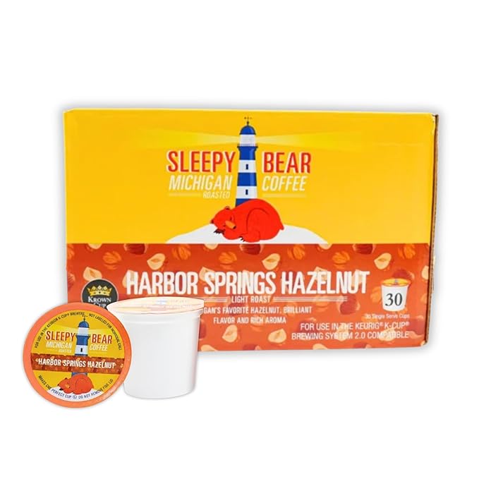 Sleepy Bear Coffee Pods Medium Roast Arabica Rich Flavor Michigan-Made Smooth &amp Sweet No Sugar Added 30ct Pods Compatible with Single-Serve Brewers (Harbor Springs Hazelnut)