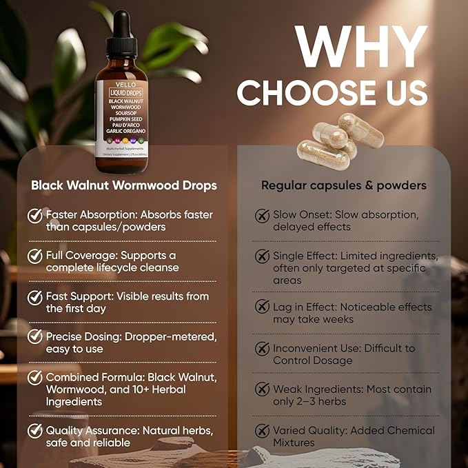 Vello Black Walnut Wormwood Gut Cleanse Wormwood Black Walnut Clove Drops with Garlic Oregano Soursop Pau D'arco Pumpkin Seed Extracts Support Gut &amp Digestion Balance Improve Energy (2)