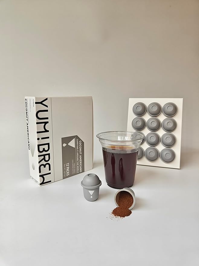 Yum!Brew Instant Coconut Americano Coffee – Freeze-Dried Yunnan Arabica | 12 Servings | Smooth &amp Nutty Flavor | Hot or Cold Brew | No Sugar | Low Calorie | Travel-Friendly Pods
