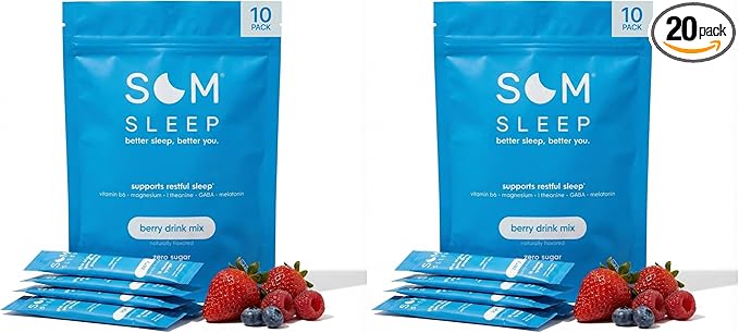 Som Sleep Calm Sleep Nighttime Powder Drink Mix Melatonin 3mg Magnesium Vitamin B6 L-Theanine &amp GABA – Vegan Zero Sugar – Berry 20-Pack