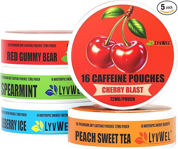 LyvWel 72mg Caffeine Energy Pouches – Sampler Pack (Cherry Blast Red Gummy Bear Peach Sweet Tea Spearmint Blueberry Ice) – Clean Energy with Guarana – 5-Pack (80 Total Pouches)