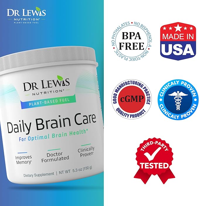 Brain Supplements for Memory and Focus – Dr Lewis Daily Brain Care Powder with Aloe Vera – Plant-Based Nootropic and Energy Supplement for Brain Fog Mental Clarity and Immune Support – Powder 150g