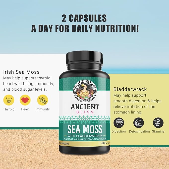 Ancient Bliss Organic Irish Sea Moss Pills - Dr Sebi Wildcrafted Seamoss Capsules | Thyroid Healthy Skin &amp Gut Support | 120 Capsules