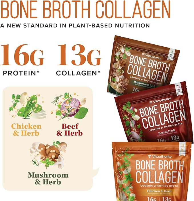 Bone Broth Collagen Powder 16g Collagen Protein per Serving Supports Joints Skin Nails &amp Gut Health Made from Real Beef Bone Broth Savory Collagen for Soups &amp Stews Mushrooms Herb Flavored 15