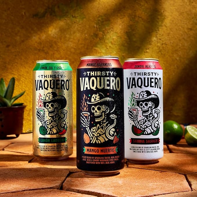 Thirsty Vaquero Lime Salt &amp Chile Flavored soda (Limon Ladron) Mexican-inspired soda Real Fruit Juice &amp Savory Spices Made with Organic Agave Low Calorie Natural Juice 16 oz Cans 12-P