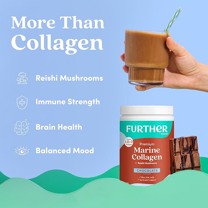 Further Food Chocolate Marine Collagen Peptides Powder with Reishi Mushroom Wild-Caught Sustainably Sourced Fish Hydrolyzed Type 1 2 &amp 3 7.41 Oz