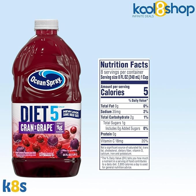 Ocean Spray Diet Cran Grape Juice Drink 64 fl oz Plastic Bottle 4 Pack + 15 Sugarcane Disposable Straws by KOOL8SHOP Infinite Deals