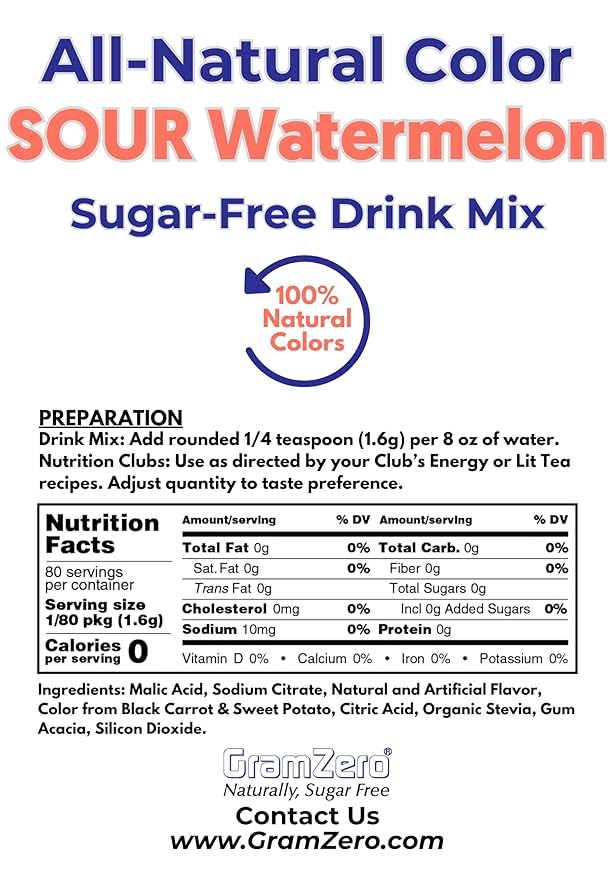 GramZero Sour Watermelon Zero Calorie Sugar Free Drink Mix Great For Nutrition Club Loaded Tea Stevia Sweetened