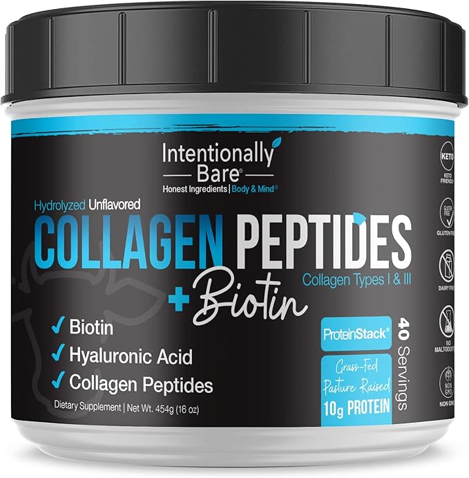 Intentionally Bare Collagen Powder Unflavored - Collagen Peptides Powder with Biotin &amp Hyaluronic Acid - Non-GMO &amp Grass Fed Collagen Protein Powder with 10g Protein - Keto Collagen Powder 40