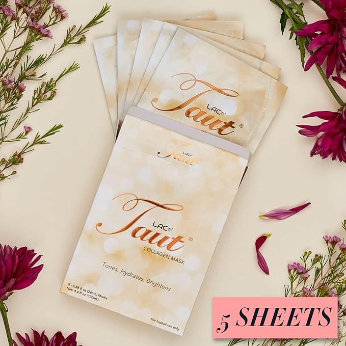 TAUT Collagen Face Mask – 5 Sheet Pack with Hyaluronic Acid Marine Collagen &amp Vitamin C – Hydrating Anti-Aging Sheet Mask for Firm Glowing Skin – Korean Skincare Inspired