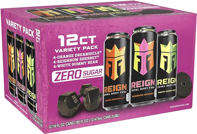REIGN Total Body Fuel Variety Pack Orange Dreamsicle Reignbow Sherbet White Gummy Bear Fitness &amp Performance Drink 16 Fl Oz (Pack of 12)