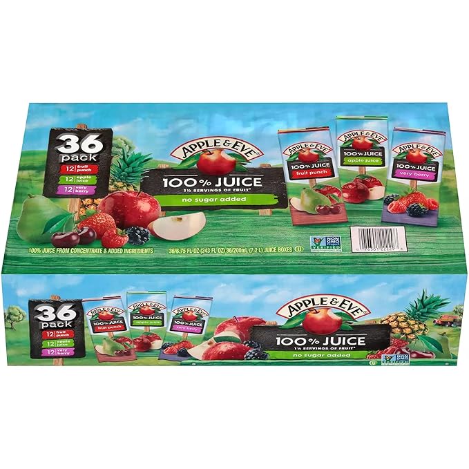 Apple &amp Eve 100% Juice Variety Pack | Apple Very Berry &amp Fruit Punch Flavors | 6.75oz Juice Boxes 36 Count (2 Packs of 36)