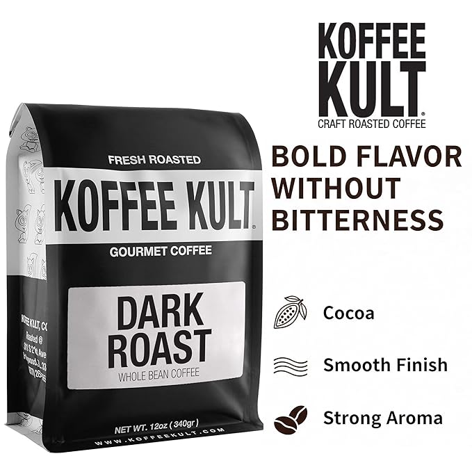 Koffee Kult Dark Roast Coffee Beans - Rich &amp Bold with Chocolate &amp Cinnamon Notes Smooth Finish 100% Arabica Ethically Sourced Resealable 12oz package