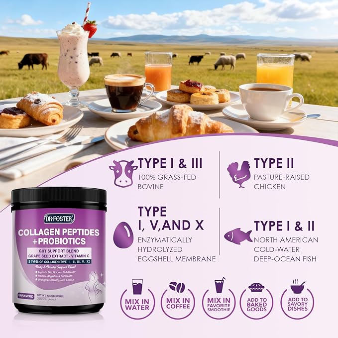 DRFOSTER Collagen Peptides Powder with Probiotics - Hydrolyzed Collagen Type I II III V X with Antioxidant Blend - Multi Collagen for Women Support Skin Hair Nail Joints &amp Gut 35 Servings Non-GM