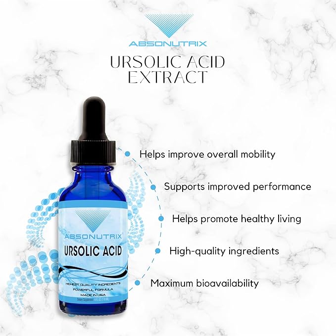 Absonutrix Ursolic Acid 590mg 4 Fl Oz Bottle 200 Highly Potent Servings High Bioavailability Quick Absorption Third-Party Tested GMP-Certified Non-GMO Cruelty-Free Products Made in USA