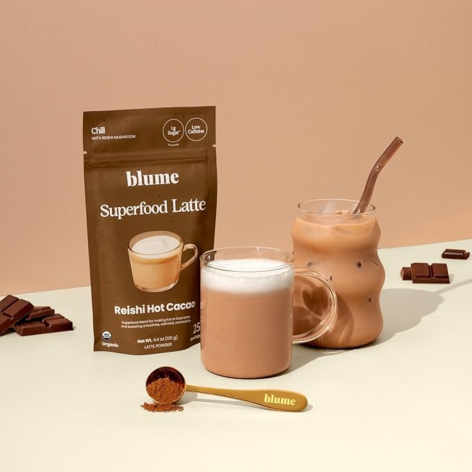 Blume Superfood Latte - Reishi Hot Cacao Powder Mushroom Powder Soothing Superfoods Latte with Brain support Organic Cocoa Mushroom Coffee Enhancer - Organic Vegan And Keto Friendly - 25 Servings