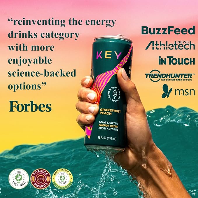 KEY Ketone Drink - Ketones for Energy &amp Focus Sugar Free &amp Low Caffeine from Green Tea with L-Theanine No Crash or Jitters All Natural Lightly Carbonated Pineapple Passionfruit (Pack of 1