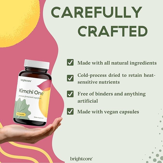 Brightcore Nutrition - Kimchi One Kimchi Powder Capsules Probiotics Enzymes &amp Antioxidant Supplement Premium Gut Health Superfood for Overall Well Being Gluten-Free 90 Vegan Capsules