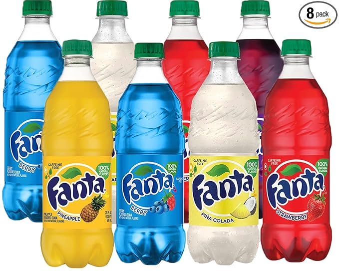 Fanta Orange Soda Berry Grape Strawberry Pina Colada Pineapple Variety Pack 20 Oz Bottles (Pack of 8 Total of 160 Oz) 20 Fl Oz (Pack of 8)