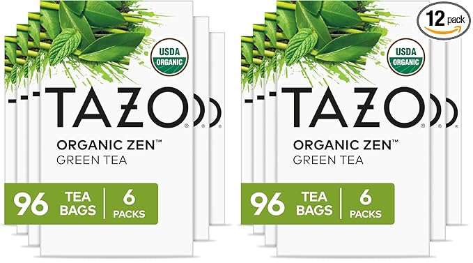 TAZO Organic Zen Green Tea Bags Caffeine Free Tea with Refreshing Lemongrass &amp Spearmint 96 Total Tea Bags (16ct - Pack of 12)