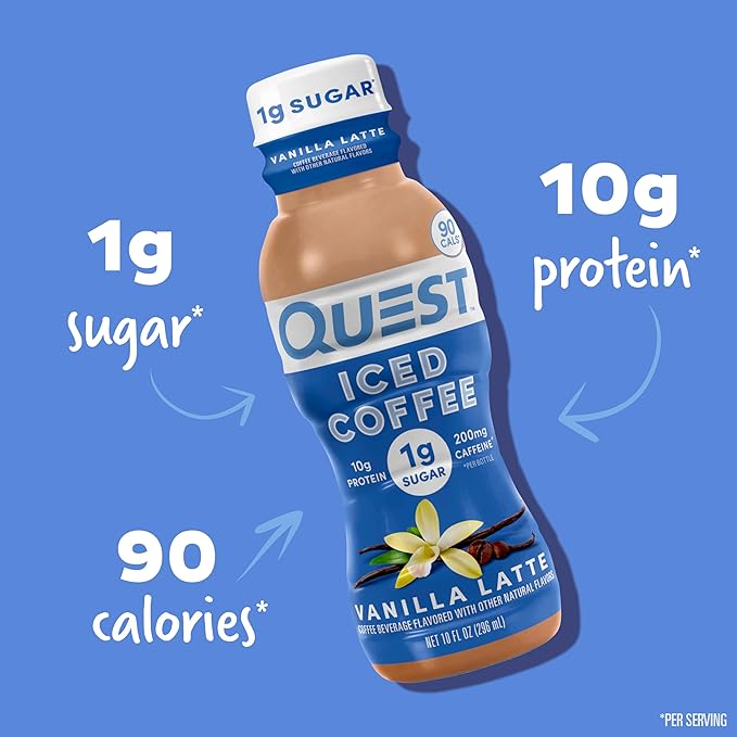 Quest Nutrition Iced Coffee Vanilla Latte 1g of Sugar 10g of Protein 90 calories 200mg of caffeine 12 Count