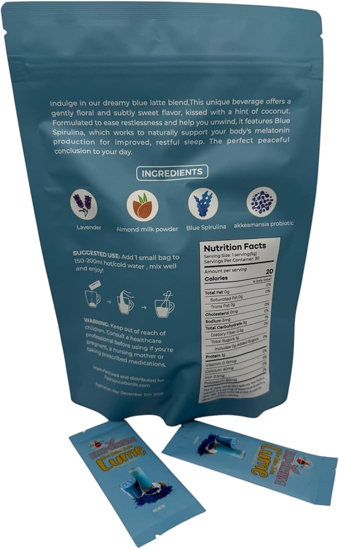 Blue Juice Lume Wellness Drink with Spirulina Lavender Ashwagandha and Akkermansia Blue Refreshing