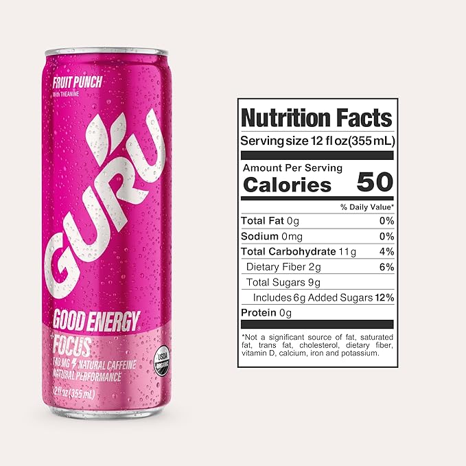 GURU Fruit Punch Organic Energy Drinks Clean Energy Drink with Plant Based Natural Caffeine from Green Tea + Focus with L Theanine Gluten Free and Vegan 140MG Caffeine 12oz (Pack of 12)