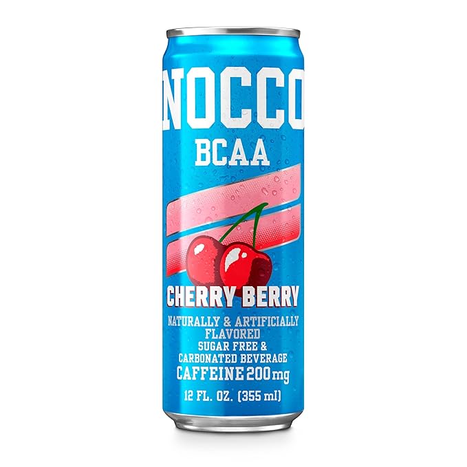 NOCCO BCAA Energy Drink Cherry Berry - 12 Fl Oz (Pack of 12) - 200mg of Caffeine Sugar Free Energy Drinks - Carbonated &amp Low Calorie BCAAs Vitamin B6 B12 &amp Biotin - Grab &amp Go Performa