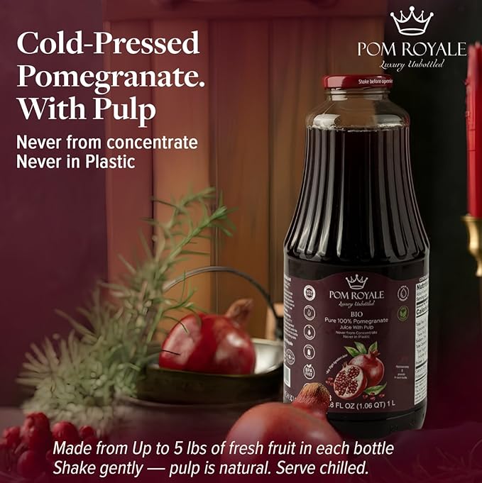 Pure Pomegranate Juice with Pulp 33.8oz Glass Bottle (Pack of 4) Cold Pressed Juice Not from Concentrate Non-GMO No Sugar Added Gluten Free Kosher Certified Preservative Free