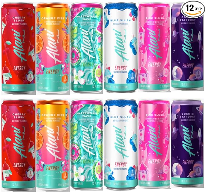 Alani Energy Drinks - Orange Kiss Pink Slush Blue Slush Cherry Slush Watermelon Wave Cosmic Stardust - 12 Pack