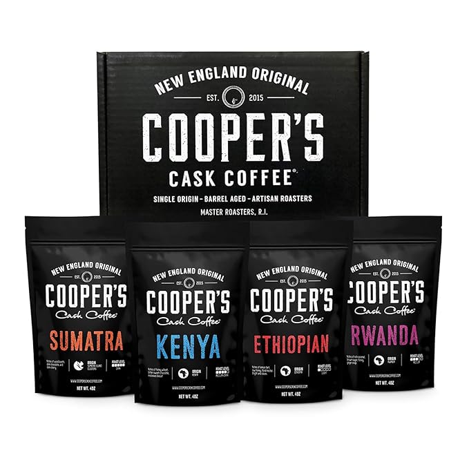 Gourmet Coffee Sampler Gift Box Set Roasted Coffee Ground Sumatra Dark Kenya AA Medium-Dark Rwanda Medium Natural Ethiopian Light Ground 4 Bags 16 oz Total