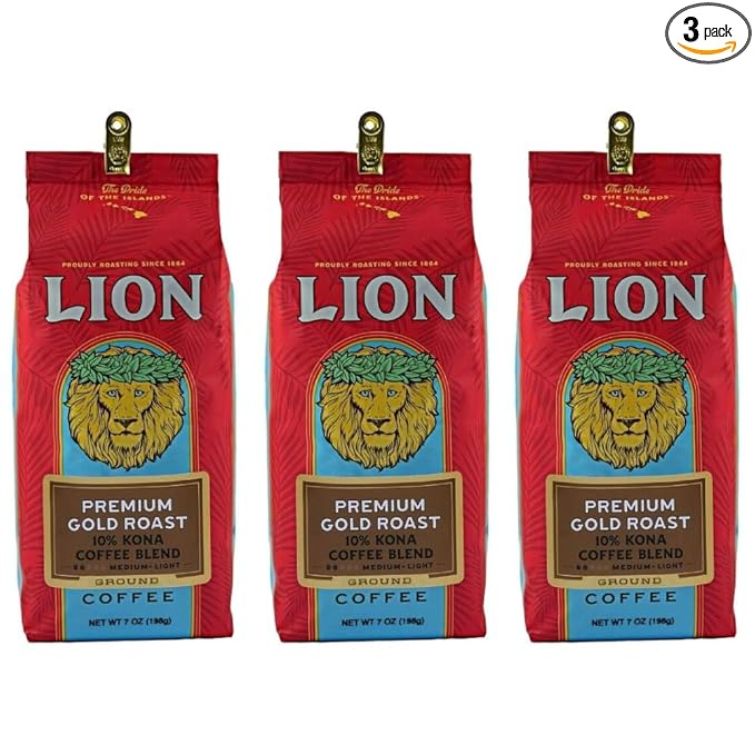 Lion Coffee Premium Gold Roast 10% Kona Coffee Blend Ground 7 Ounce Bag (Pack of Three)