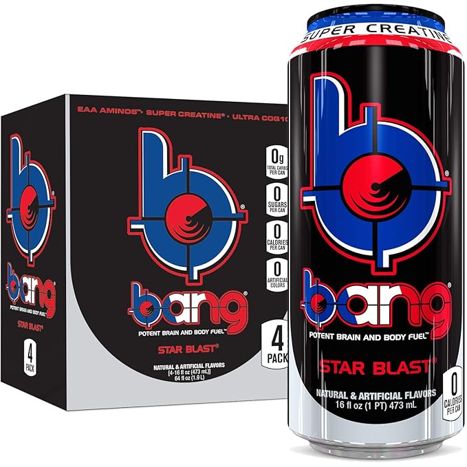 Bang Star Blast Energy Drink 0 Calories Sugar Free with Super Creatine 16oz 4 Count