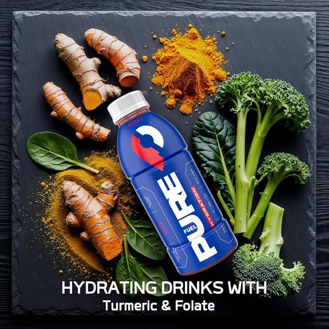 Pure Fuel Hydration Drinks Berry Blitz - Plant-Based Healthy Electrolyte Drinks with B-Vitamins - No Added Sugar - 12 Pack x 16.9 fl oz Bottles