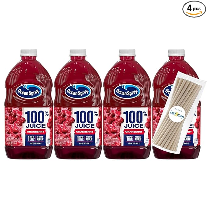 Ocean Spray 100% Cranberry Fruit Juice No Added Sugar 64 fl oz 4 Pack + 15 Sugarcane Disposable Straws by KOOL8SHOP Infinite Deals