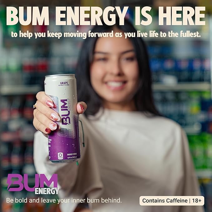 BUM Sugar-Free Energy Drink Grape - Lightly Carbonated &amp No Artificial Colors Natural Caffeine &amp Citicoline for Energy &amp Focus Brain Boost &amp Workout Sports Beverage - 12 oz Pack of
