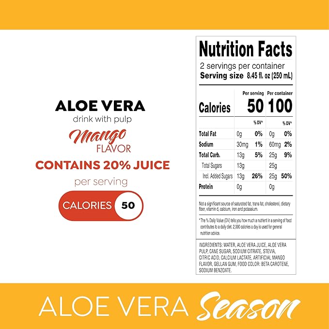 Season Aloe Vera Drink with Pulp Mango Flavor 16.9 fl oz (Pack of 24)