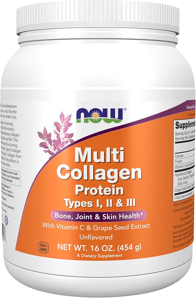 Now Foods Supplements Multi Collagen Protein Types I II &amp III Powder Bone Joint and Skin Health 16 oz (454 g)