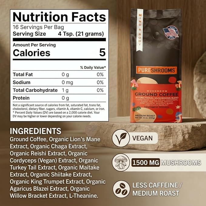 Mushroom Ground Coffee w/ 10 Organic Mushroom Extracts - King Trumpet Agaricus Blazei Willow Bracket Lion's Mane Chaga Reishi Cordyceps Turkey Tail Maitake Shiitake 340g (Perfect 10)