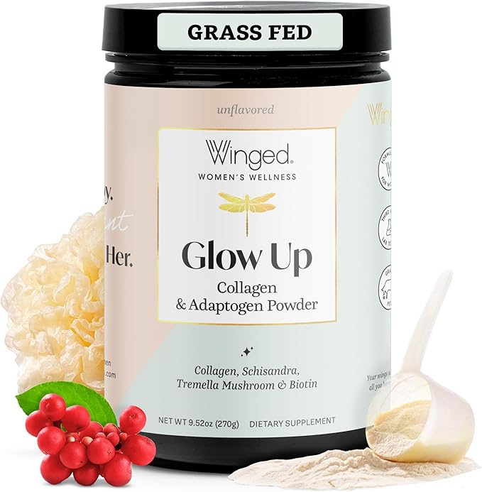 Winged Wellness Glow Up Collagen Powder for Women - Hair Skin &amp Nails Beauty Supplement with Grass-Fed Hydrolyzed Collagen Peptides Adaptogens Vitamin C &amp Biotin - 25 Servings Unflavored