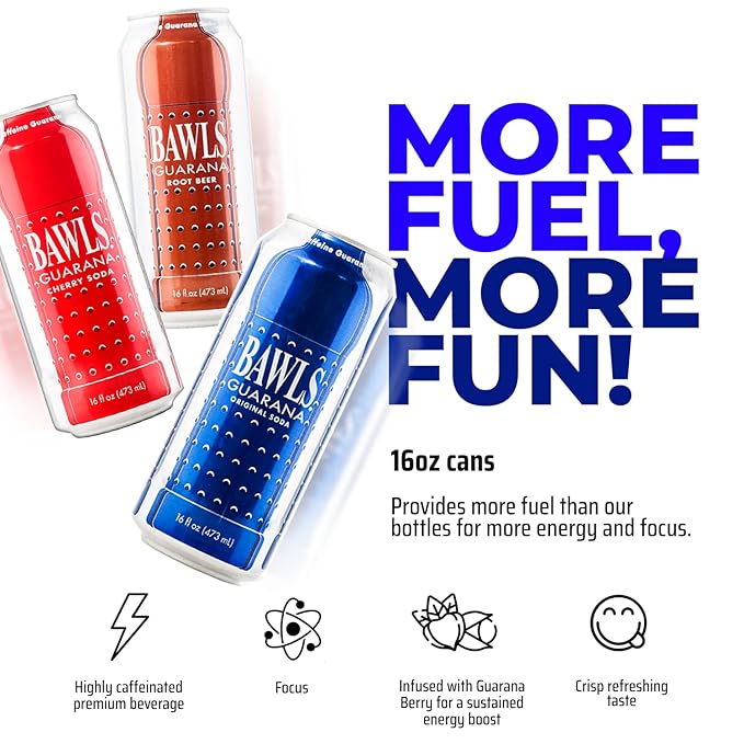 BAWLS Guarana Variety Pack BAWLS Guarana Drink Guarana Soda Guarana Fueled Soda for Energy High Energy Caffeinated Drink 16oz 24 Pack Cans
