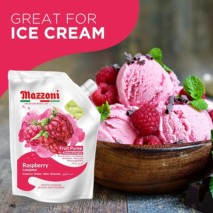 Mazzoni - Raspberry Puree 100% Pure Raspberries Just Fruit No Sugar Added Real Fruit for Smoothies Drinks Cocktails Fruit Juice - 2.2 lb Convenient Pouch Made in Italy